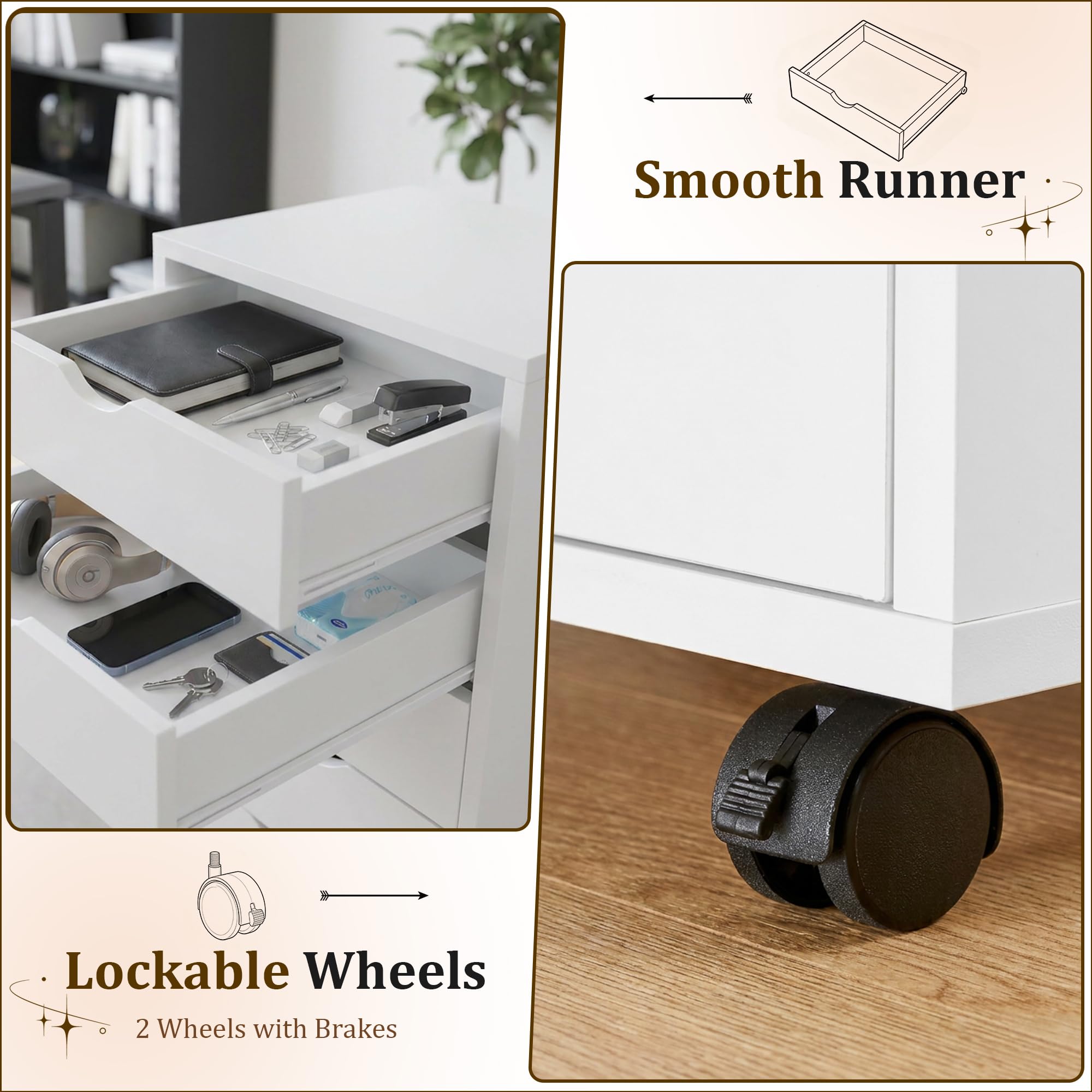 5 Drawer Mobile File Cabinet Under Desk Storage Organization with Wheels Vertical Filing Chest Rolling Wood Small Desk Printer Stand for Home Office, White