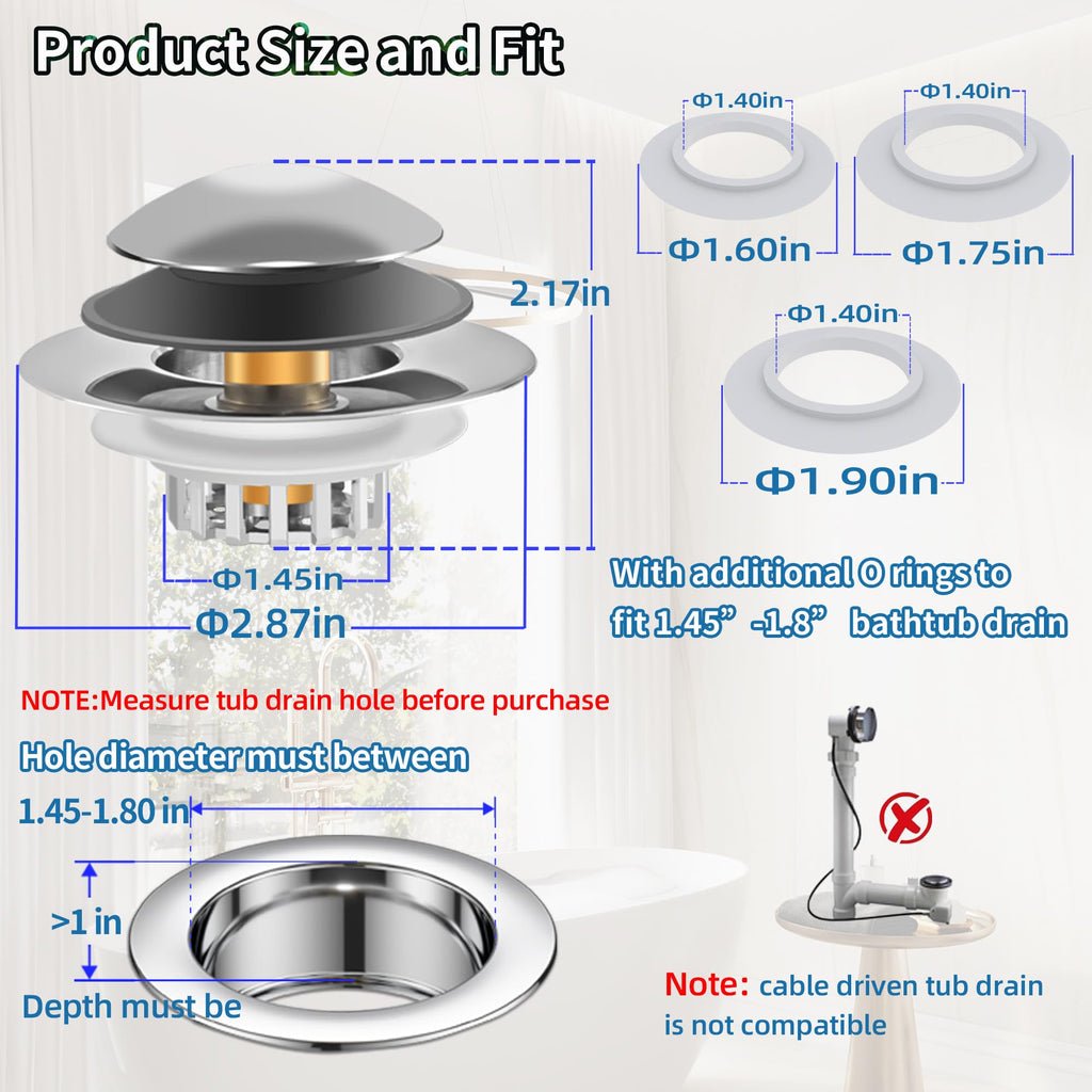 Universal 3 in 1 Bathtub Drain Stopper, Pop up Tub Stopper Bathtub Drain with Filter Basket, Anti-Clogging Bath Tub Drain Stoppers Fit 1.45-1.8” Hole,Bathtub Drain Hair Catcher
