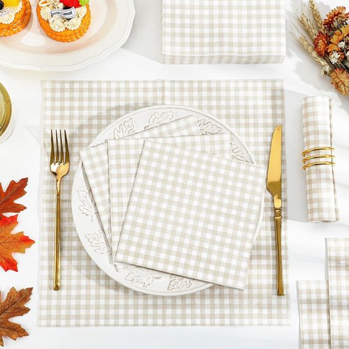 NatNarr 80 Pcs Gingham Napkins, 6.5X6.5 Inch Light Brown Napkins Disposable Beige and White Plaid Napkin for Bridal Baby Shower, Wedding, Picnic