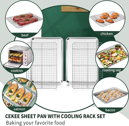 CEKEE Jelly Roll Pan Set - Stainless Steel Baking Sheet with Cooling Racks | Nonstick, Rust-Proof, 15.94 x 12 x 1 Inch