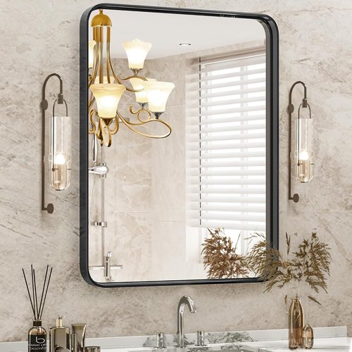 DUMOS Black Metal Framed Vanity Mirror - 36x24 Inch Rounded Rectangle Design for Modern Bathrooms | Versatile Hanging Options