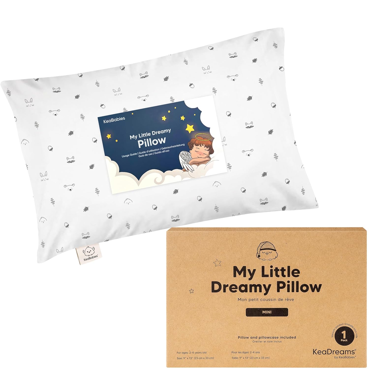 My Little Dreamy Mini Toddler Pillow - Soft Organic Cotton Travel Pillow with Pillowcase, 9x13 (Acorn)
