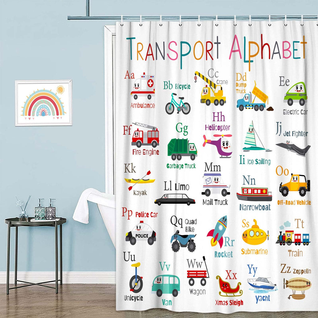 Grtuspr Vehicles Alphabet Shower Curtain for Kids, Kid Excavator Tractor Machinery Trucks Curtain, Construction Vehicle Boys, Bulldozer Crane Bath Equipment Truck