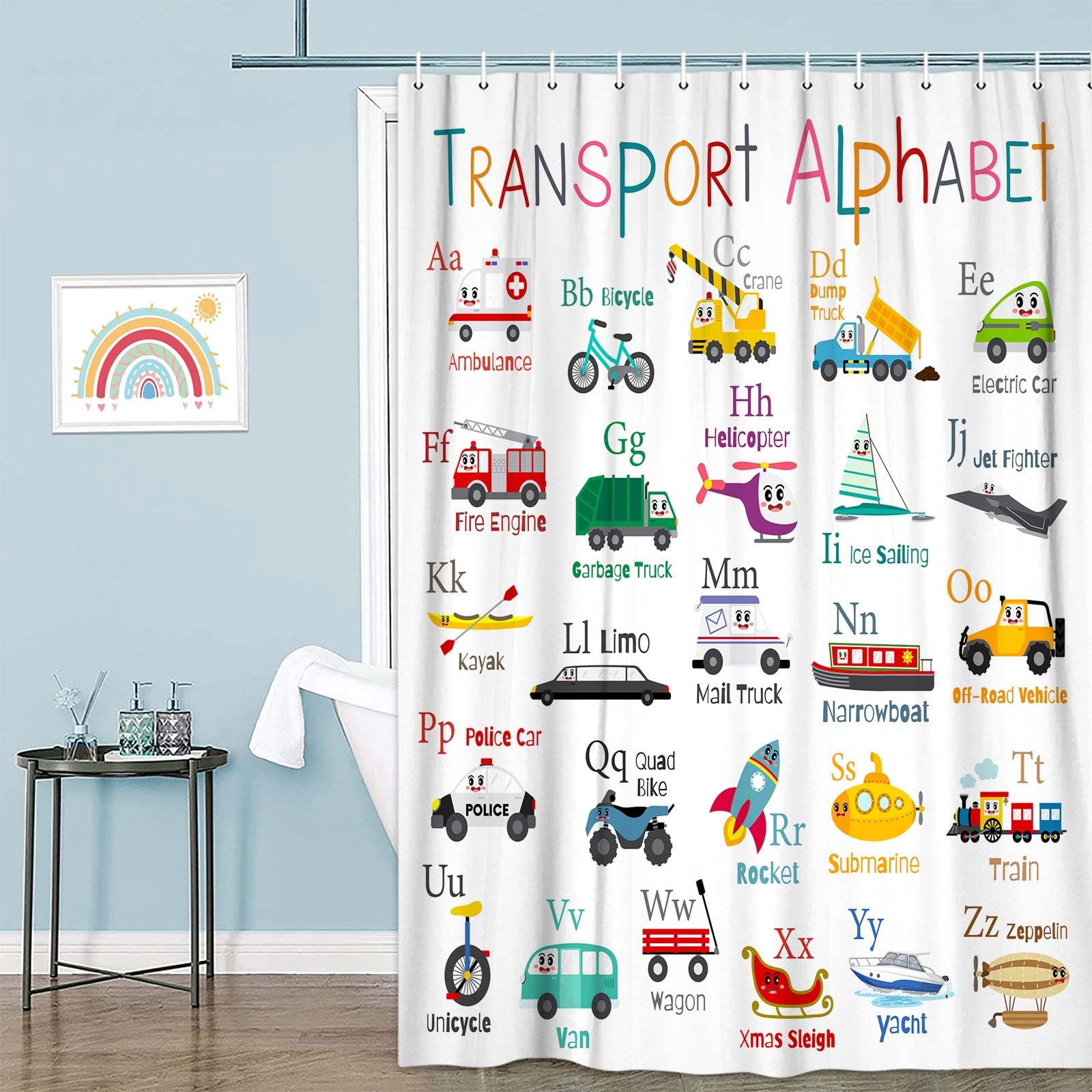 Grtuspr Vehicles Alphabet Shower Curtain for Kids, Kid Excavator Tractor Machinery Trucks Curtain, Construction Vehicle Boys, Bulldozer Crane Bath Equipment Truck