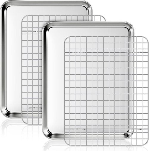 Fire More Stainless Steel Baking Sheet & Cooling Rack Set - 2 Cookie Sheets & 2 Racks, Nonstick, Heavy Duty, 12.4 x 9.6 x 1 Inch