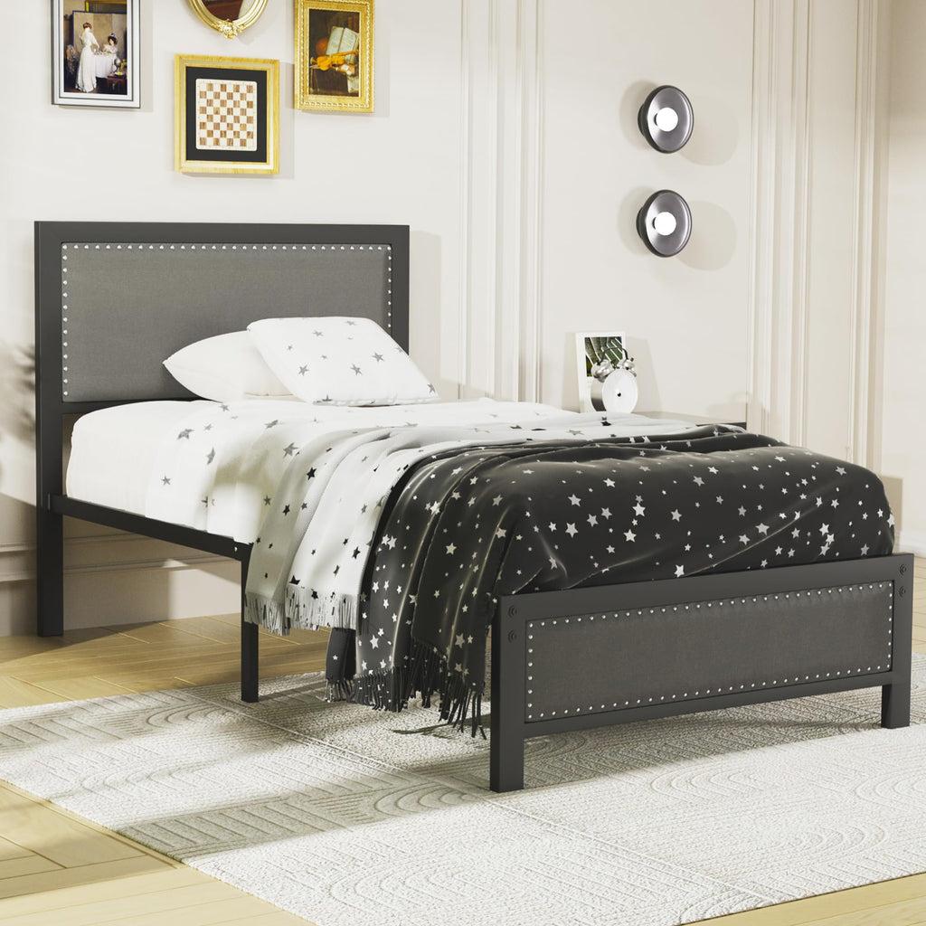VECELO Twin Size Bed Frame with Upholstered Headboard, Heavy-Duty Platform with Strong Steel Slats, No Box Spring Needed, Easy Assembly, Black&Grey