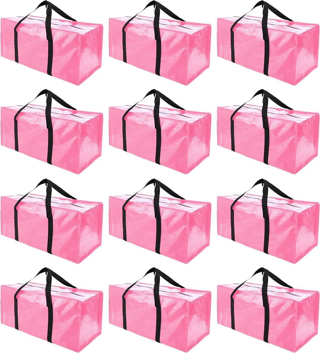 PANDA JOYS Extra Large Moving Bags - Heavy-Duty Storage Totes with Zippers & Handles | 12-Pack, Pink
