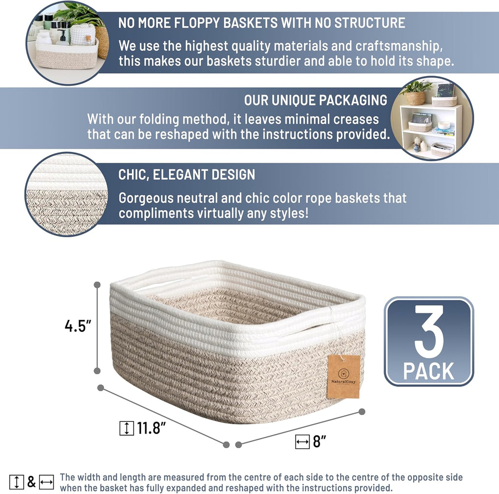 NaturalCozy Storage Baskets - 3 Pack Cotton Rope Woven Bins for Organizing | Ideal for Nursery, Bathroom, Closet