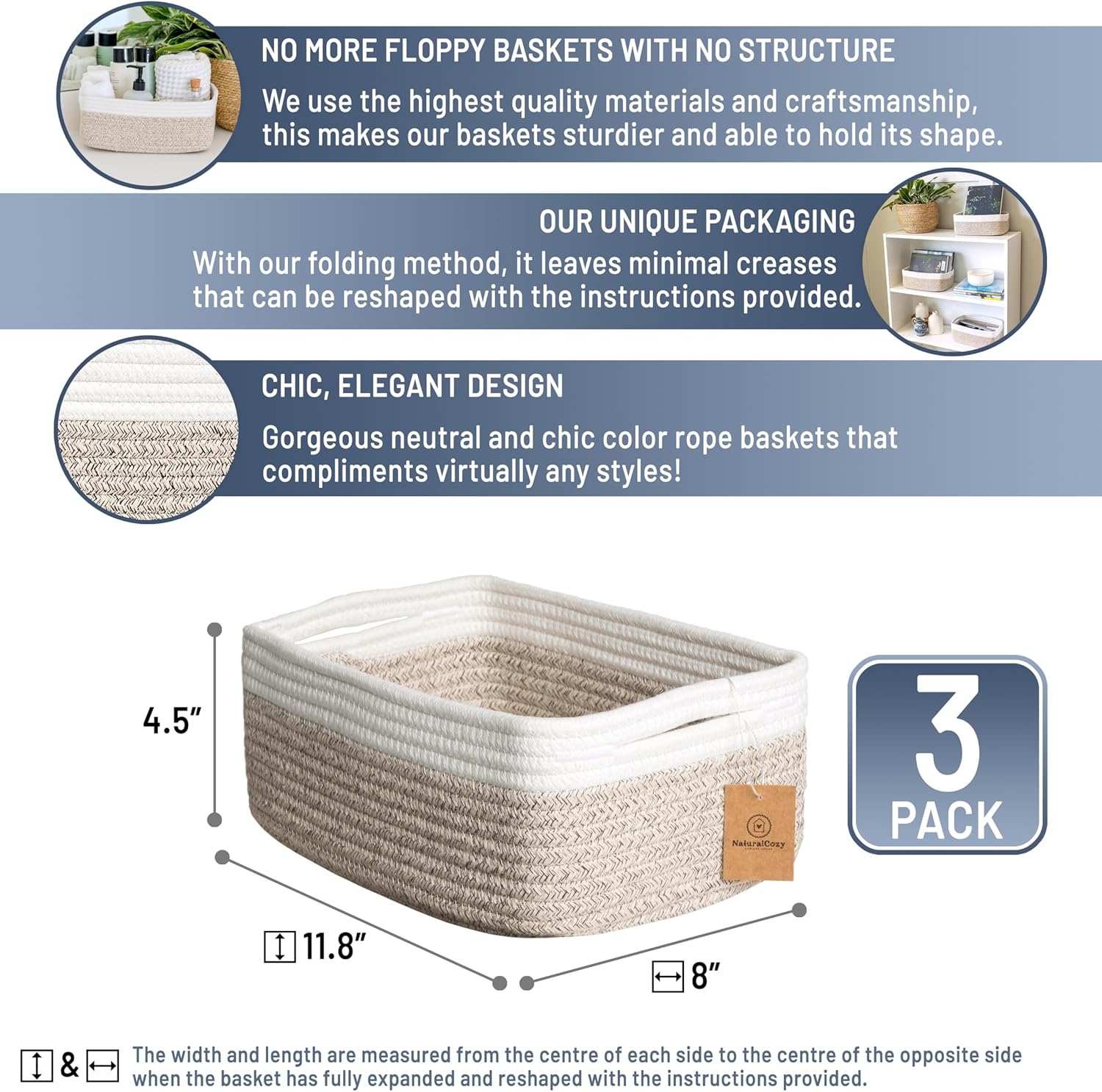 NaturalCozy Storage Baskets - 3 Pack Cotton Rope Woven Bins for Organizing | Ideal for Nursery, Bathroom, Closet