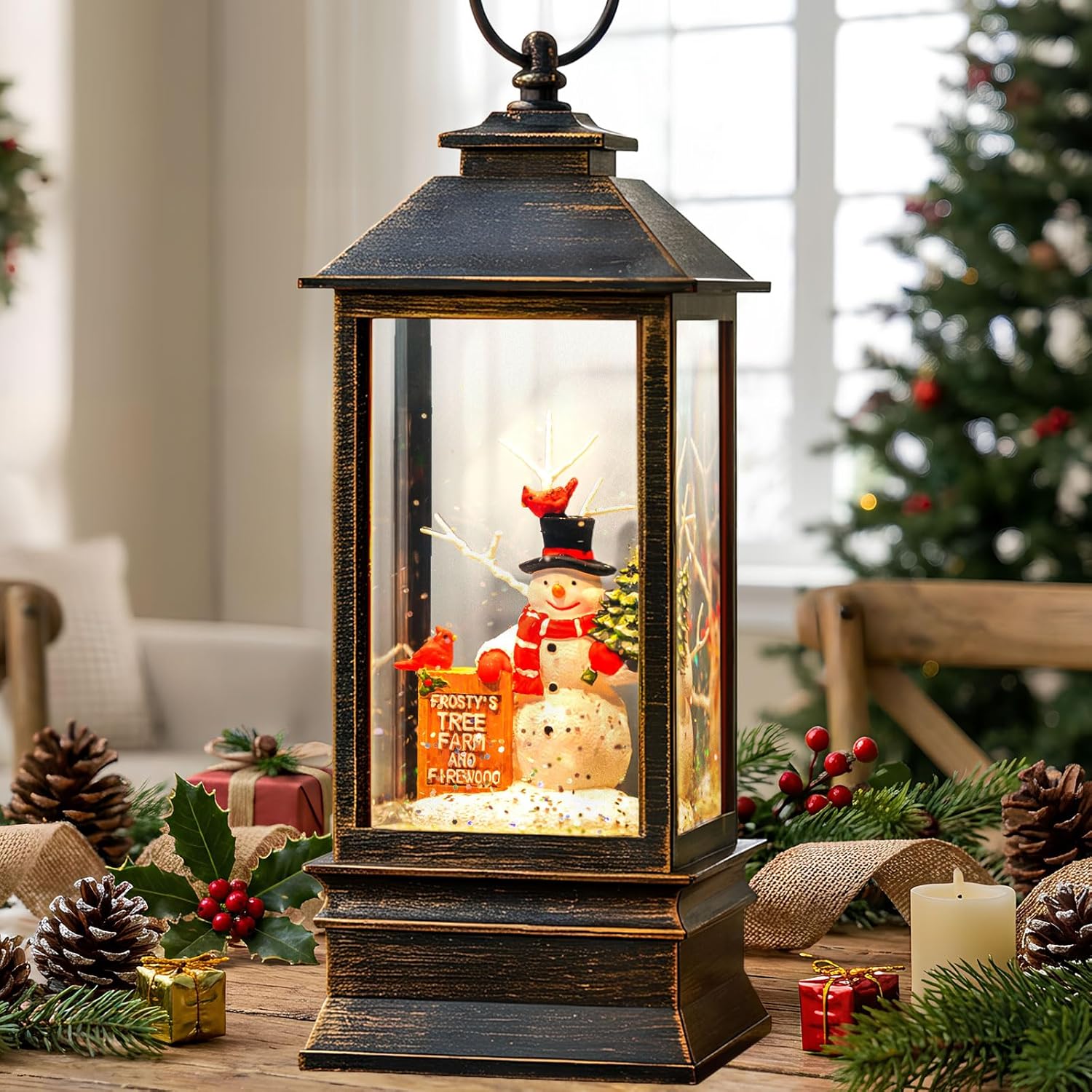 Skiennix Christmas Snow Globe Lantern - Musical Snowman & Tree Light - USB/Battery Operated | Holiday Home Decor