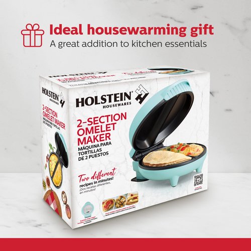 Holstein Housewares Stainless Steel 2 Section Omelet & Frittata Maker, Non Stick Coating, Easy To Clean, Indicator Lights, Compact Storage, Prepare Versatile Recipes in Minutes. 2 Portions, Mint