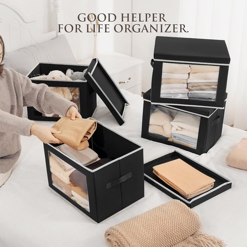 Homsorout Large Storage Bins - Collapsible Fabric Cubes with Lids & Windows, 15.7 Inch, Black | 6 Pack