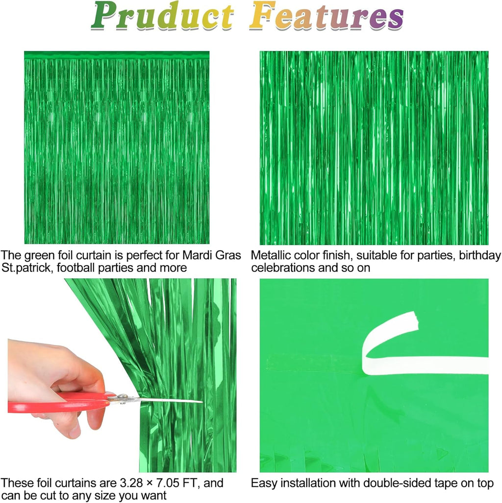 Regine Switzerland Tinsel Backdrop - 2 Pack Green Metallic Curtains for St. Patrick's Day Party | 3.28FT x 7.05FT