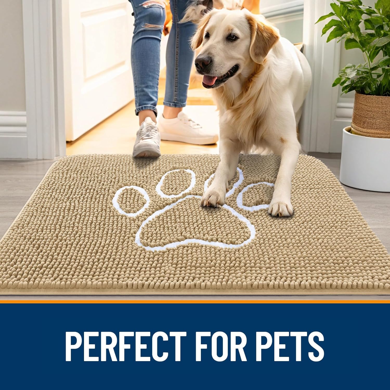 OLANLY Dog Door Mat - Absorbent Non-Slip Mud Mat for Paws | Quick Dry Chenille, 47x20, Beige