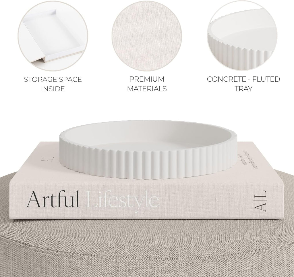 Skiennix Decorative Concrete Tray Set - Scalloped Tray & Linen Box for Stylish Home Decor | Perfect for Living Room or Housewarming Gift