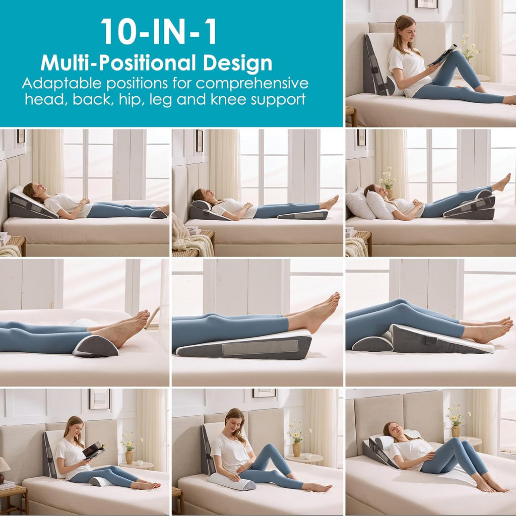 Skiennix Wedge Pillow Set - Adjustable Memory Foam for Acid Reflux Relief | 3-Piece Bed Wedge Pillows in White & Grey