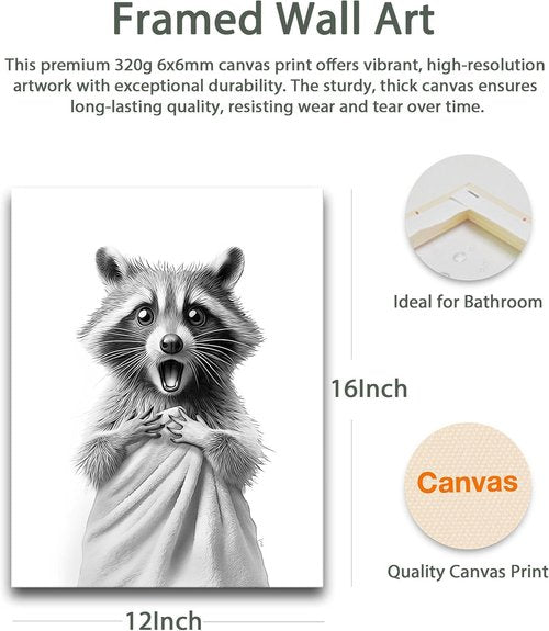 HesenDot Raccoon Wall Art - Funny Black and White Canvas Print for Bathroom | 12x16in Decor