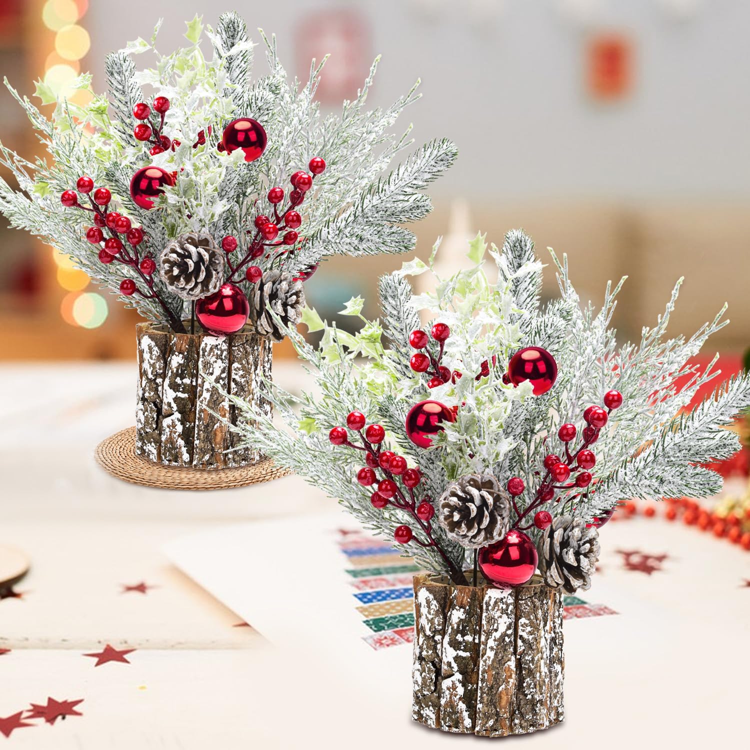 Skiennix Christmas Table Decorations - 14-Inch Potted Christmas Tree with Lights & Pine Cones | Holiday Centerpiece