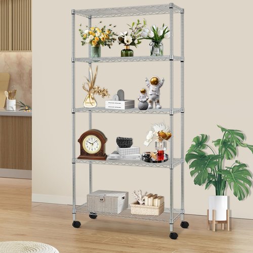 FDW 5-Tier Wire Storage Shelves - Adjustable Heavy-Duty Metal Racks with Wheels | 30"x14"x61" | Chrome Finish, Holds Up to 220 lbs | Tool-Free Assembly for Home & Garage