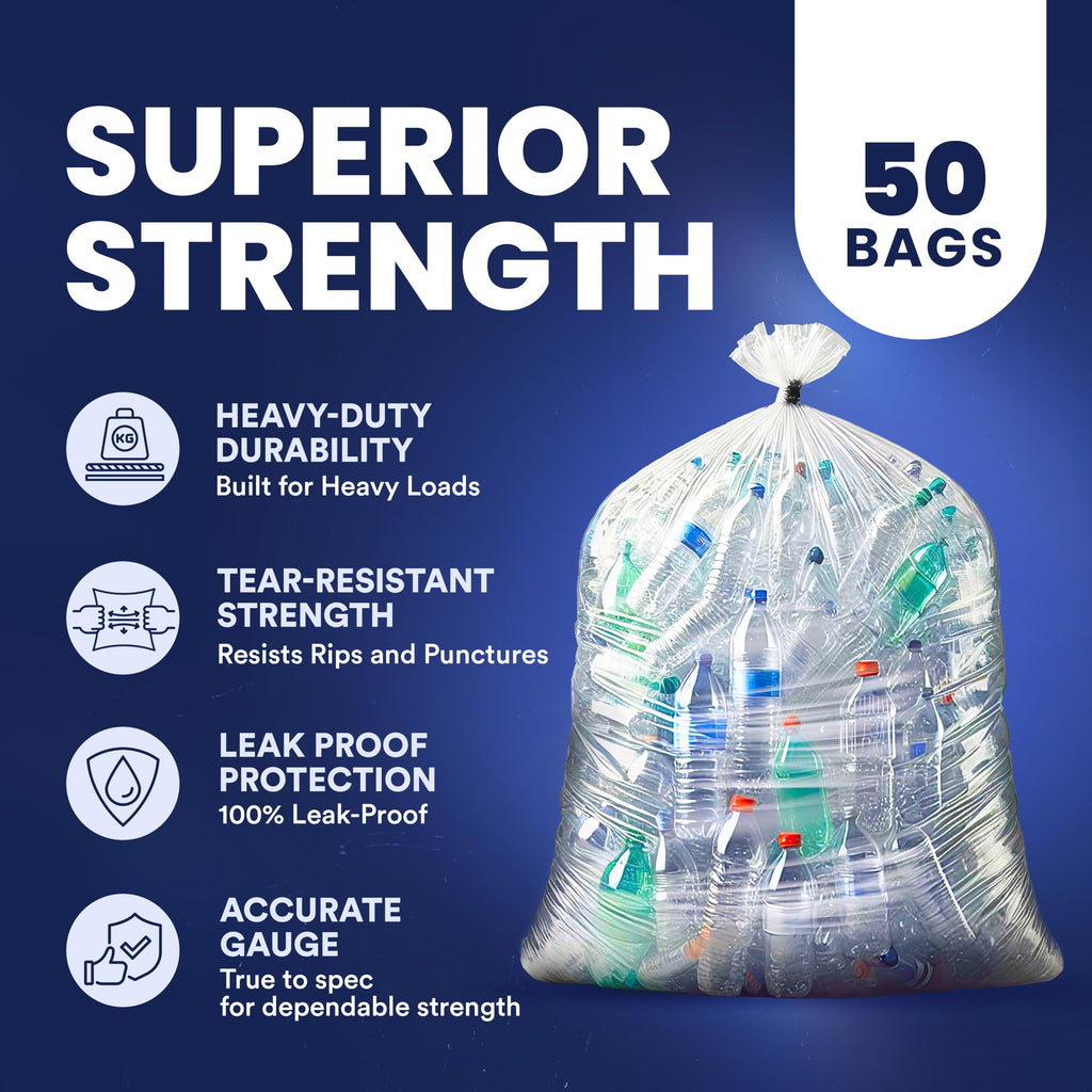 Plasticplace Heavy Duty 55-60 Gallon Trash Bags – Clear Garbage Can Liners (38” x 58”) – Durable Multiuse, Puncture-Resistant, 50 Count – Ideal for Kitchens, Warehouses and Recycling Trashbags 1.5 Mil