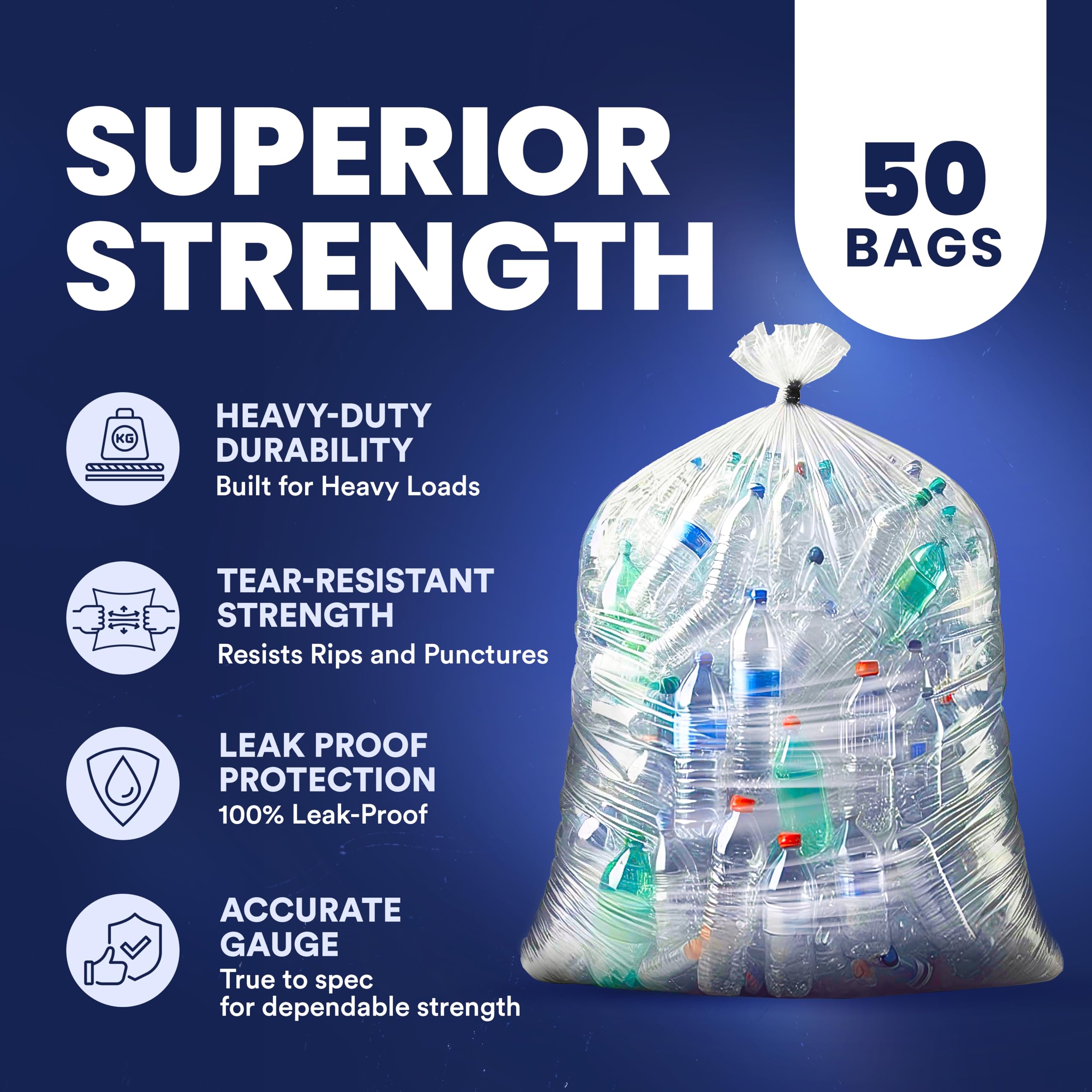 Plasticplace Heavy Duty 55-60 Gallon Trash Bags – Clear Garbage Can Liners (38” x 58”) – Durable Multiuse, Puncture-Resistant, 50 Count – Ideal for Kitchens, Warehouses and Recycling Trashbags 1.5 Mil