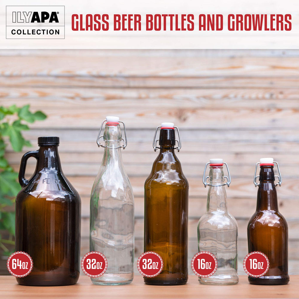 Ilyapa 16 Ounce Amber Swing Top Glass Bottles - 12 Pack Flip Top with Airtight Lid, for Home Brewing - Kombucha, Soda, Coquito, Kefir, Juice