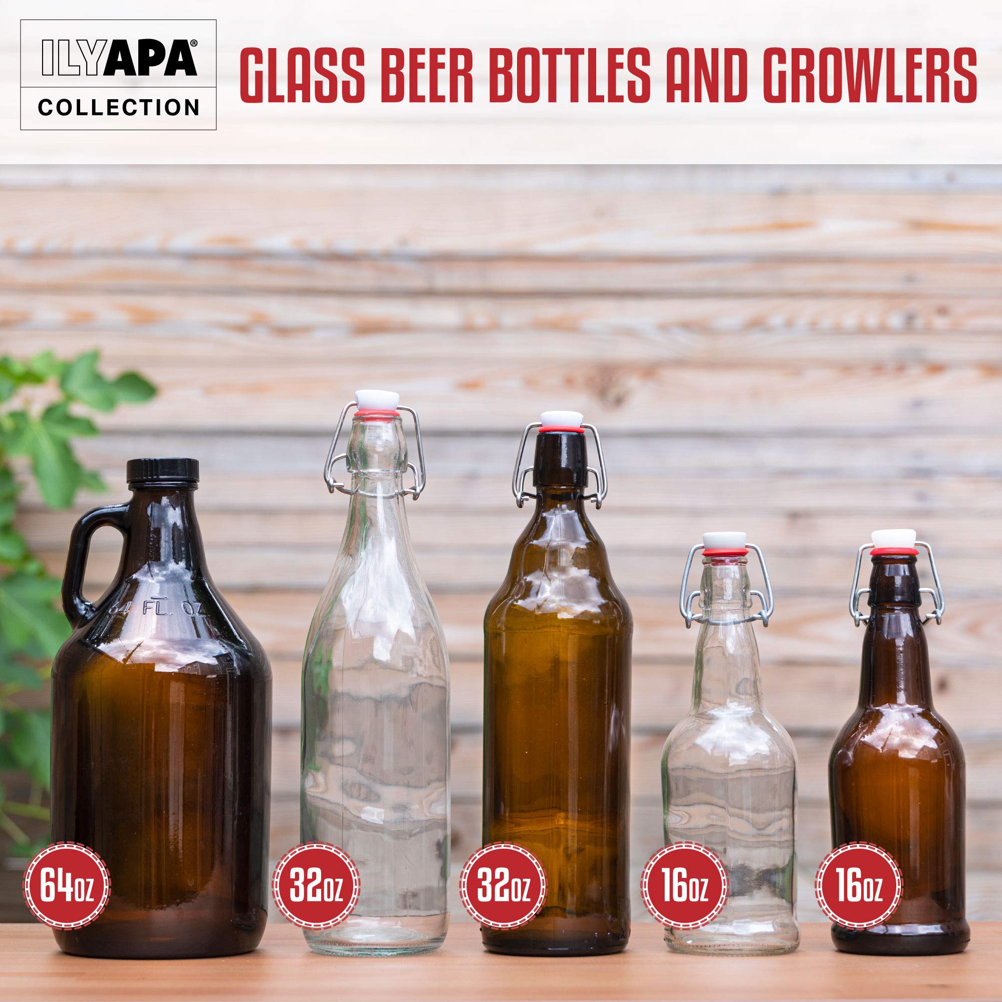 Ilyapa 16 Ounce Amber Swing Top Glass Bottles - 12 Pack Flip Top with Airtight Lid, for Home Brewing - Kombucha, Soda, Coquito, Kefir, Juice