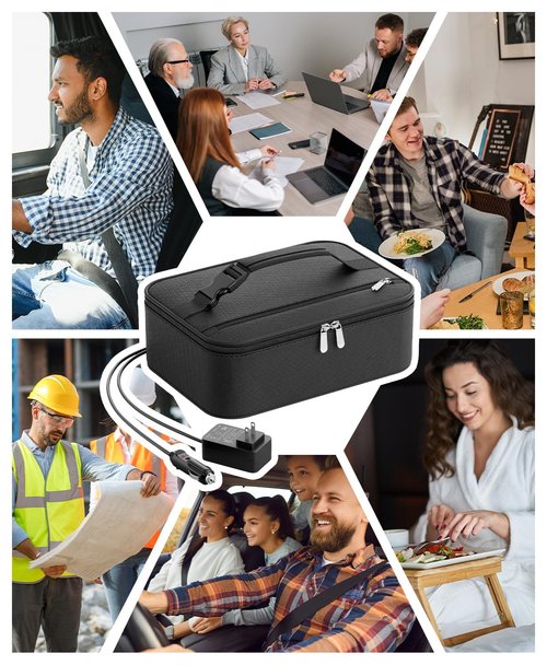 Neverwhy Portable Food Warmer - Heated Lunch Box for Adluts - Electric Thermal Lunch Bag with Buckle Handle, Heating Food Warmer Bags for 12V/24V Car & Truck, 110V/220V Home/Office, Black