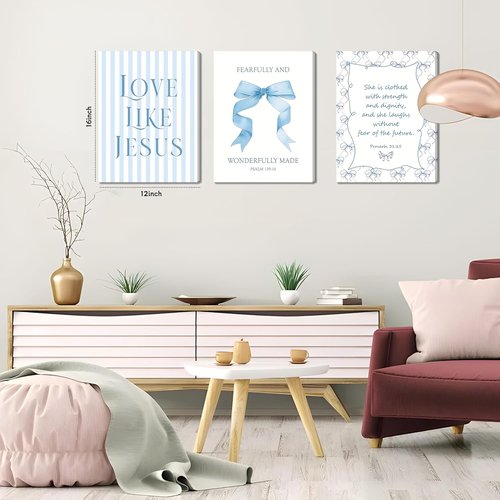 Blue Bow Jesus Wall Art - Inspirational Bible Verse Canvas Print for Dorm Room | 12x16 Inch Framed Decor