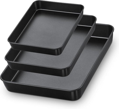 E-far Nonstick Baking Pans Set of 3 - Rectangle Stainless Steel Sheet Cake Pans | 12.5/10.5/9.4 Inch, Black Bakeware for Healthy Brownies, Lasagna & Casseroles