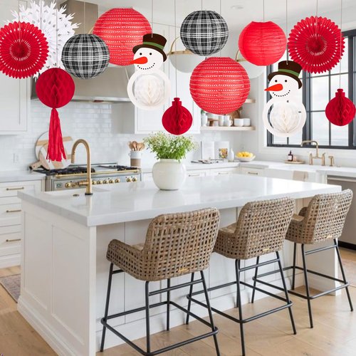 14Pcs Black Red Buffalo Check 3D Snowman Christmas Paper Lantern Decoration, Snowflake Honeycomb Tissue Paper Fan Garland Set, Indoor Outdoor Happy Lunar New Year Ornament Party Supply Kit 12,10,8''