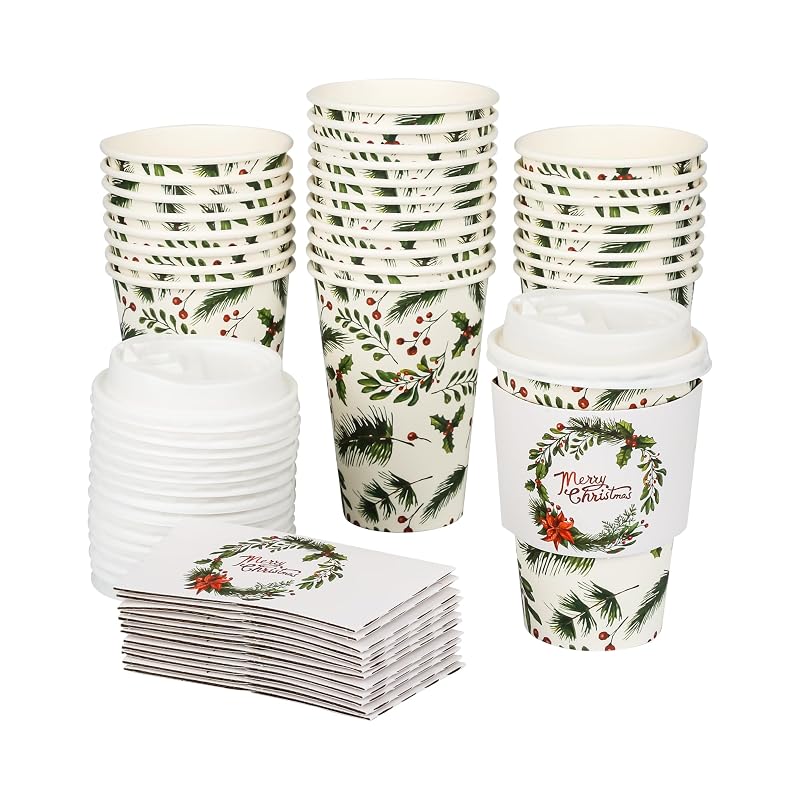 12oz Christmas Holly Berry Disposable Coffee Cups with Lids & Sleeves
