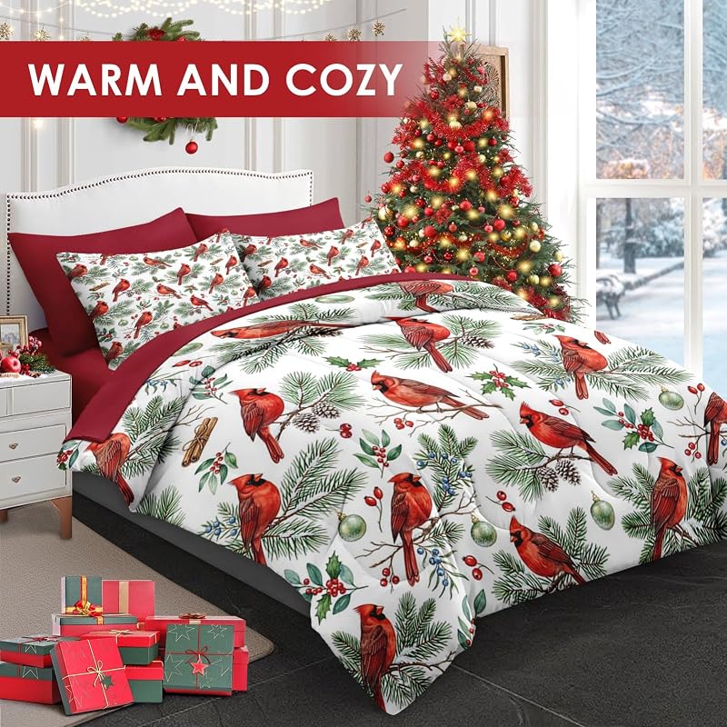Queen Christmas Comforter Set with Sheets - 7 Pieces, Cardinal Variation