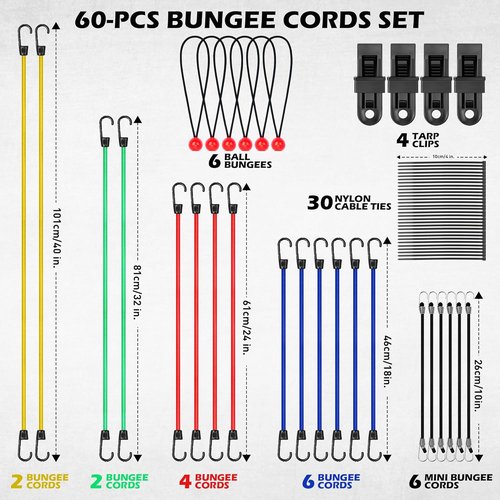 Bungee Pro 60-Piece Assorted Bungee Cords Set - Heavy Duty Elastic Tarp Ties in 10" to 40" Sizes