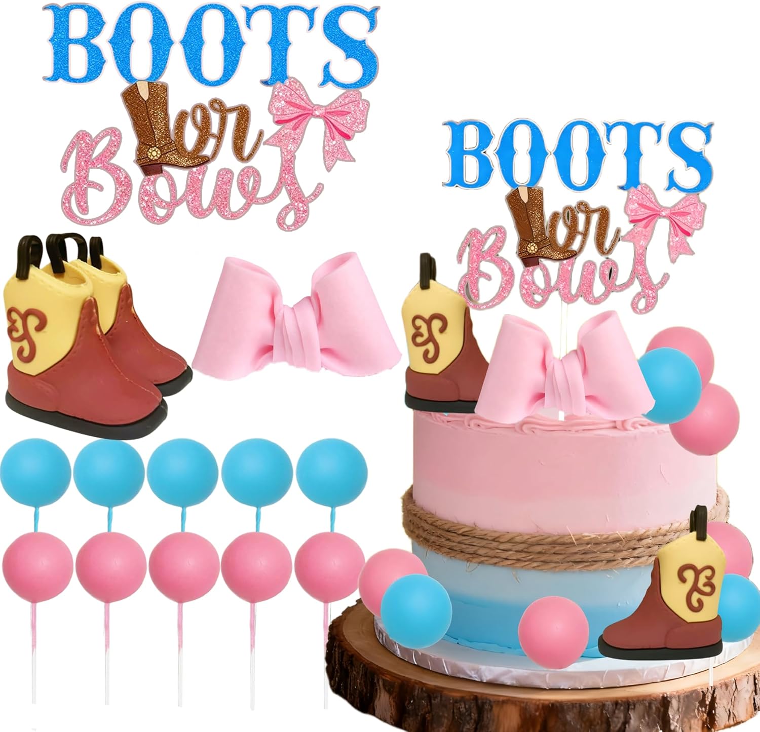 Skiennix Gender Reveal Cake Decorations - Acrylic Boots & Bows Toppers Set for Baby Shower