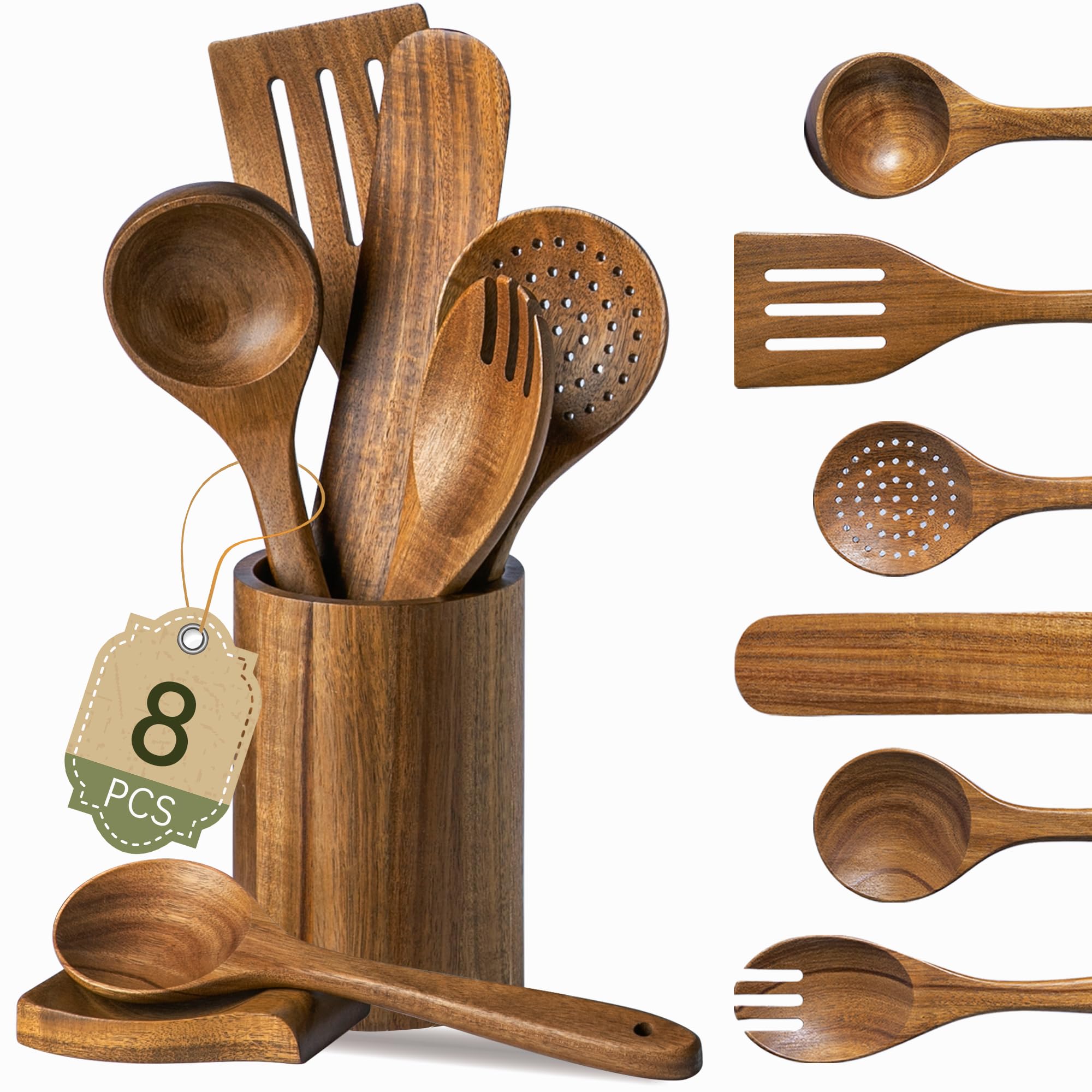 FYCTIO Wooden Utensil Set 8 PCS - Natural Non-Toxic Acacia Wooden Spoons for Cooking, Nonstick, Sturdy,Easy to Clean, Wood Kitchen Utensils Set with Holder, Spoon Rest, Ideal for Gifting