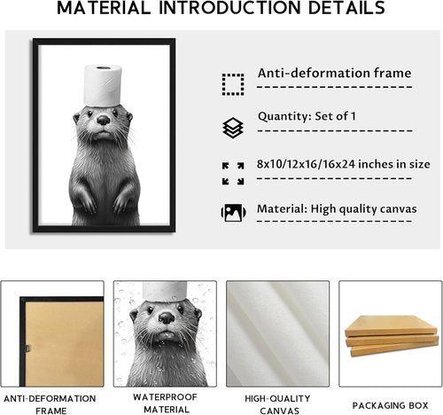 Framed Funny Bathroom Wall Art, Black and White Animal Canvas Wall Decor Painting, Cute Otter Holding Toilet Paper on Head Prints Pictures for Bathroom Restroom 8x10 Inch Black Frame