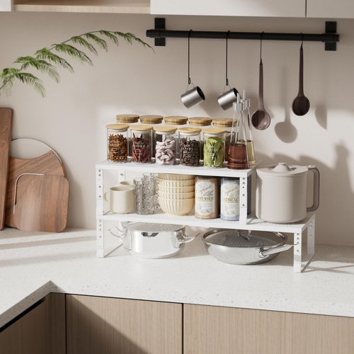 Zilvando Expandable Spice Rack & Kitchen Cabinet Organizer - Stackable, Adjustable Shelves for Cabinets, Countertops, Cupboards & Pantries(3 Packs/Large/White)