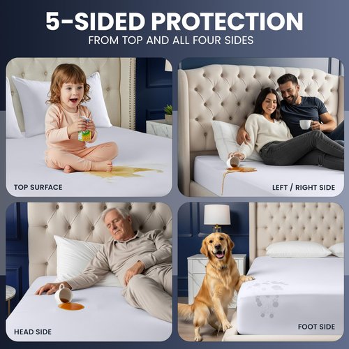 Utopia Bedding Waterproof 5-Sided Mattress Protector King Size, Premium Breathable Mattress Cover, Fitted Style with Stretchable Pockets (White)