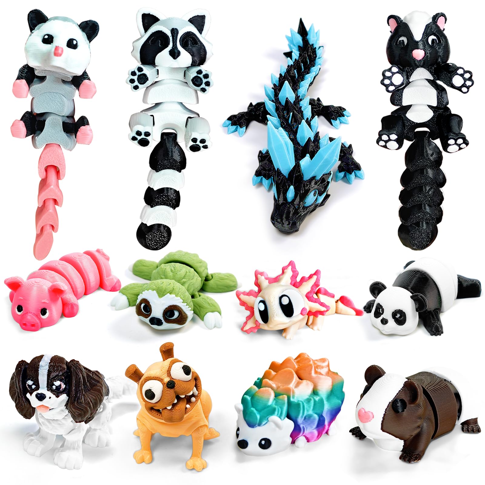 AQXYTK 12-Pack 3D Printed Animal Figurines Set, Articulated Posable Desk Companions & Fidget Toys (4"), Creature Collection Dog/Panda/Dragon/Sloth/Raccoon – Office Desk Decor, Party Favors, Gift