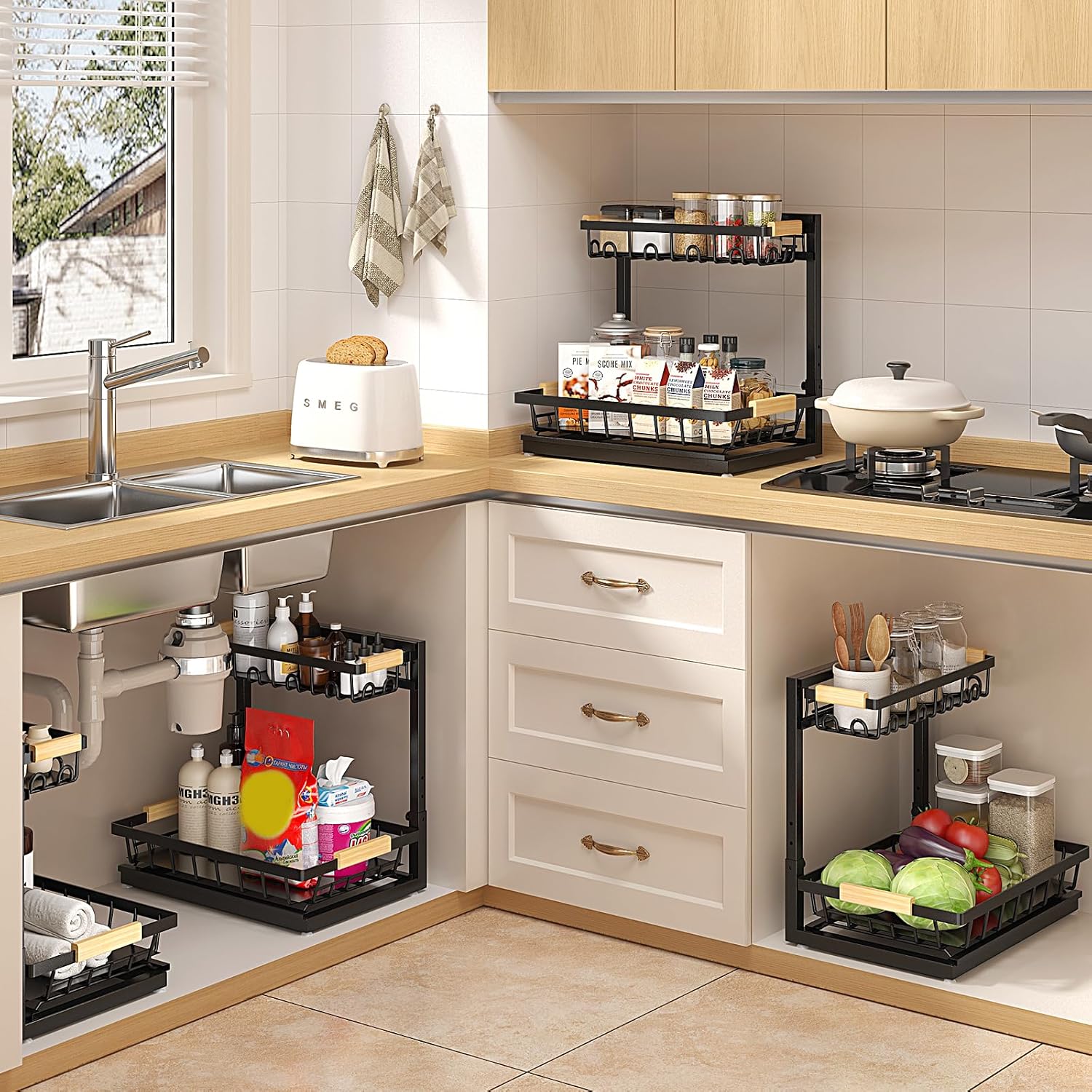 Sevenblue Under Sink Organizer - Height Adjustable 2-Tier Storage Shelf for Kitchen & Bathroom (Black, Large)