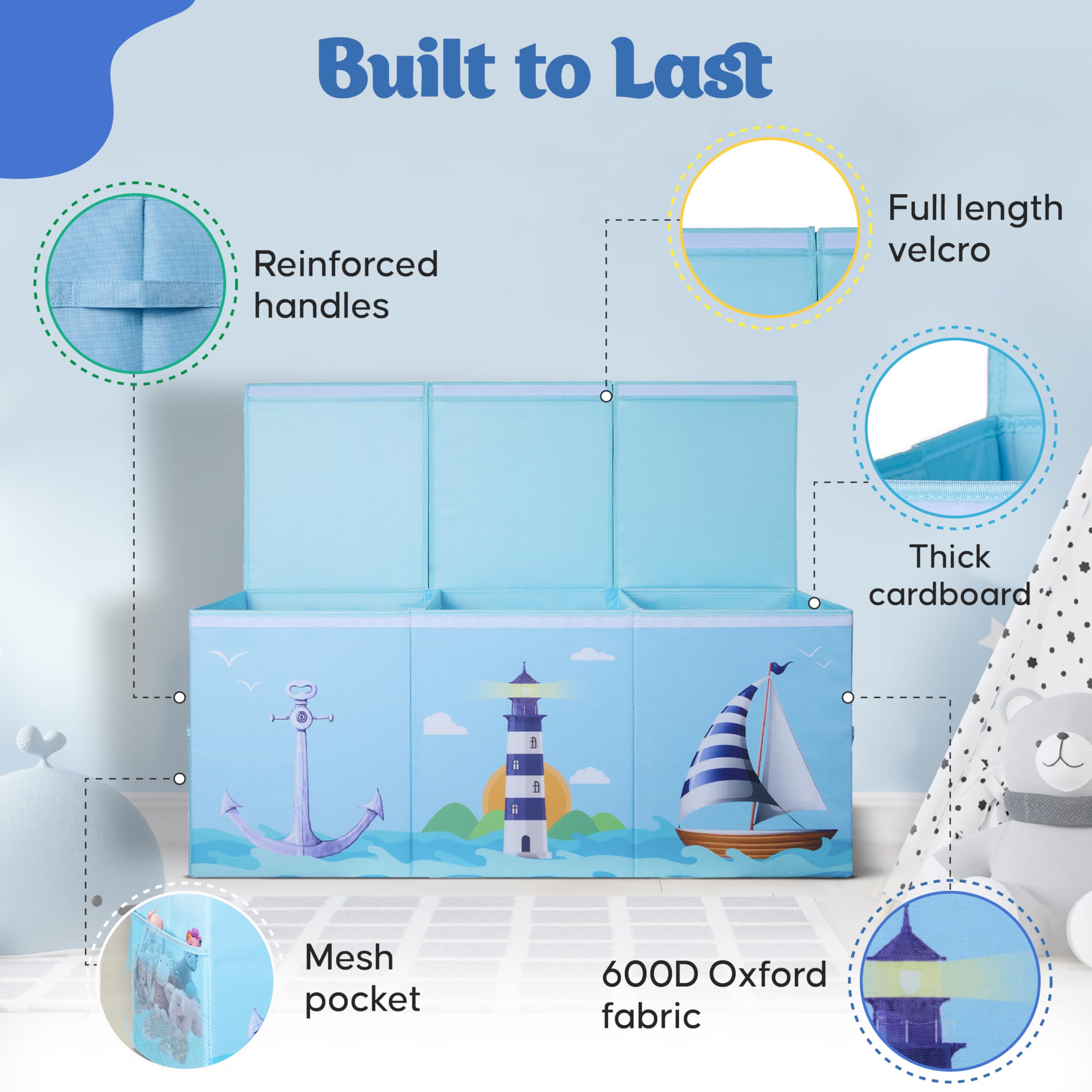 Rossoff Extra Large Collapsible Sturdy Toy Storage Organizer with Lids, Ocean Theme Toy Box for Boys & Girls, 40"x16"x16", Modern, Blue