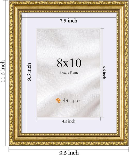 Eletecpro 8x10 Picture Frames - Vintage Gold Frames with Glass Cover for 5x7 or 8x10 Photos