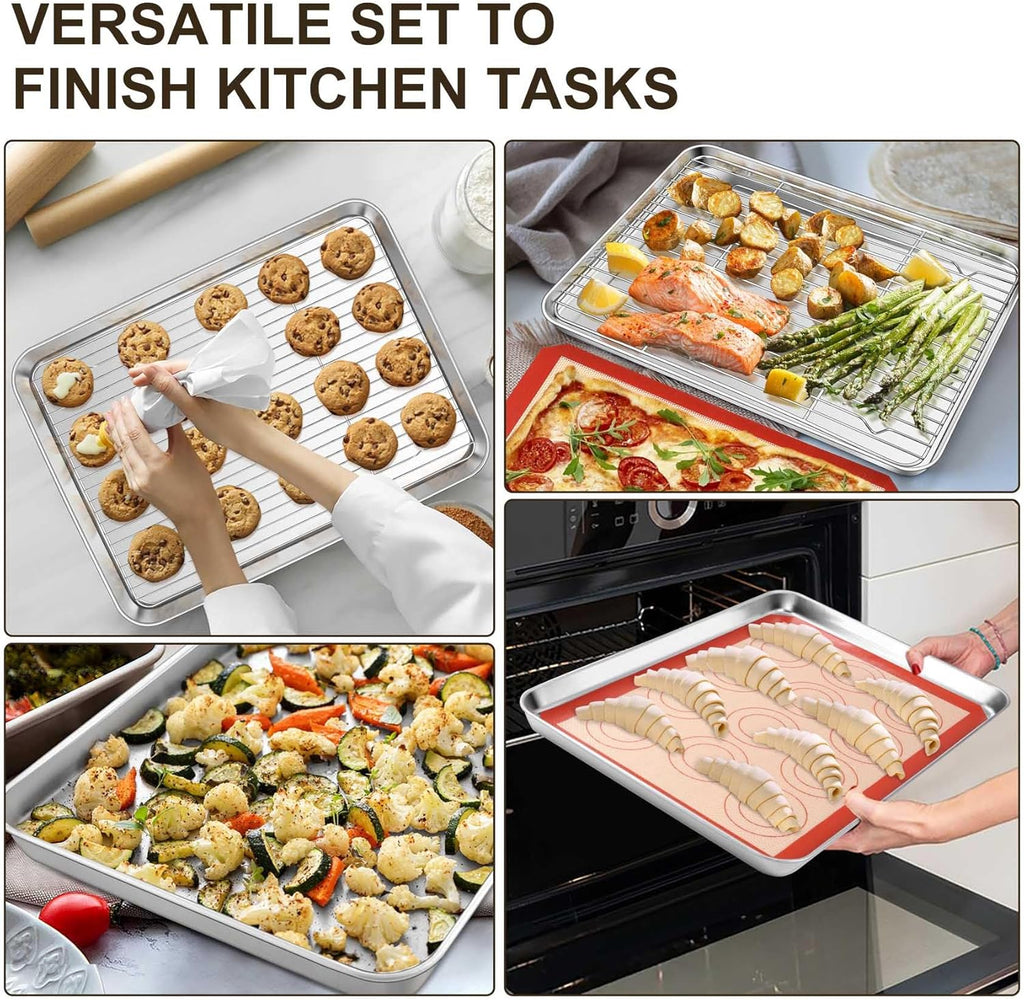 TeamFar Stainless Steel Baking Sheet Set - 16-Inch Cookie Sheets with Cooling Rack & Silicone Mats | Non-Toxic, Easy Clean