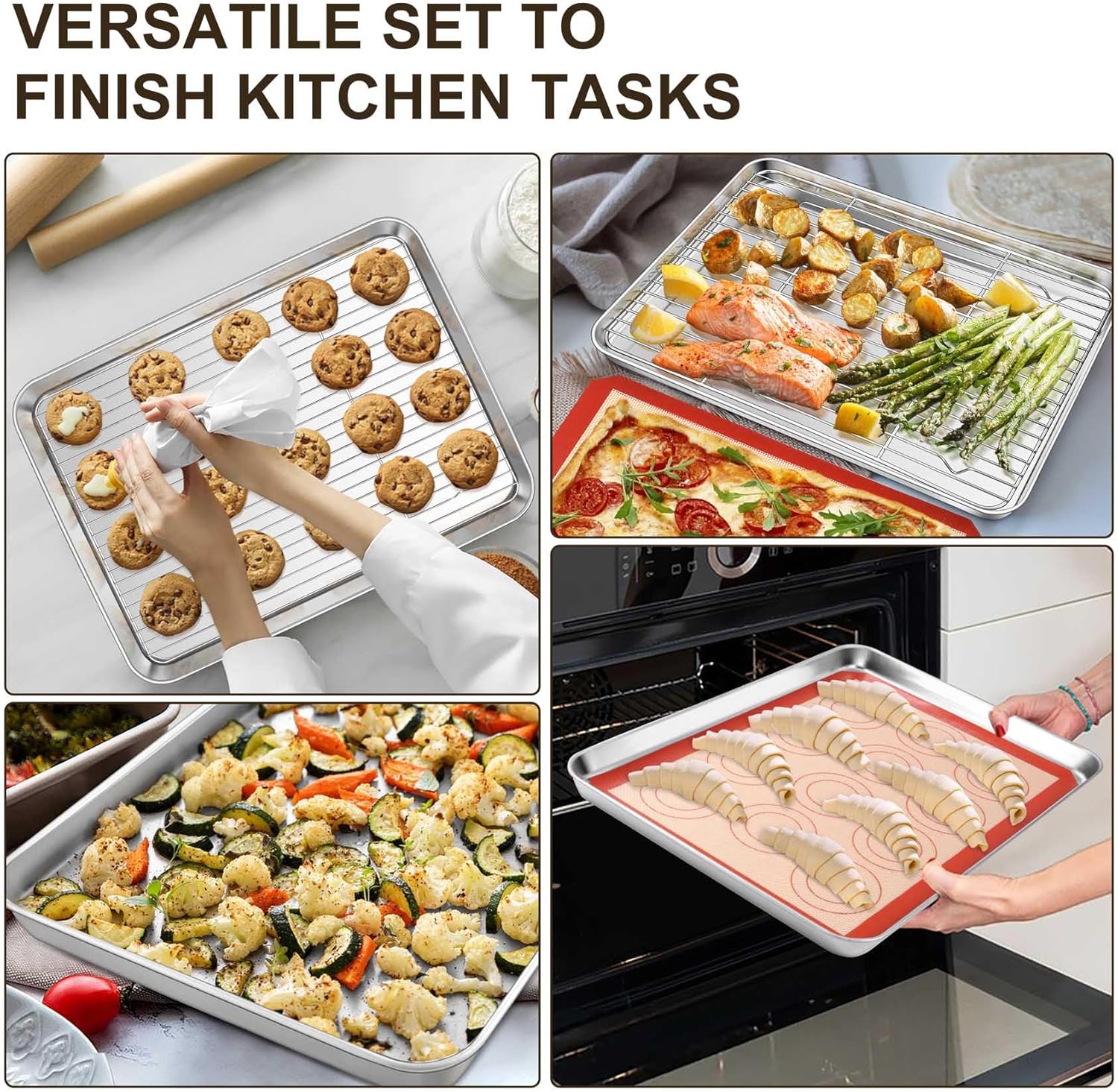 TeamFar Stainless Steel Baking Sheet Set - 16-Inch Cookie Sheets with Cooling Rack & Silicone Mats | Non-Toxic, Easy Clean