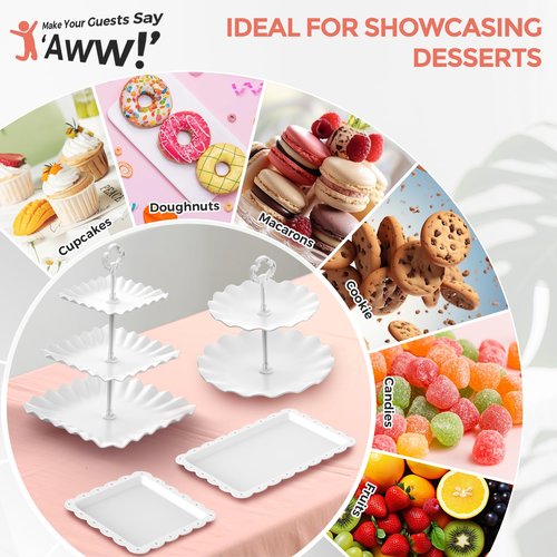 12Pcs Dessert Table Display Set, Cupcake Stand, 3-Tier Cup Cake Tower Stands & 2-Tiered Cake Holder, Treat Food Platters Serving Trays for Tea Party, Baby Shower, Bridal, Wedding, Birthday, Plastic
