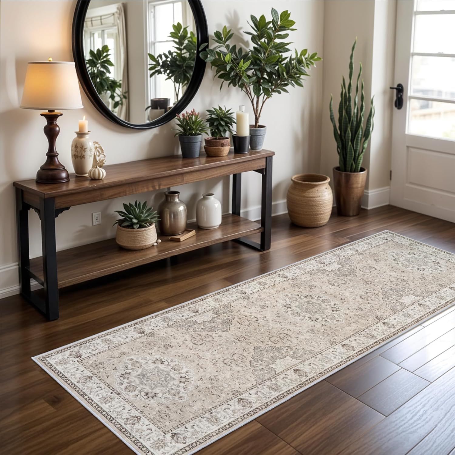 Skiennix Washable 2x8 Hallway Runner Rug - Vintage Water-Resistant, Ultra Soft, Non-Slip Backing | Beige