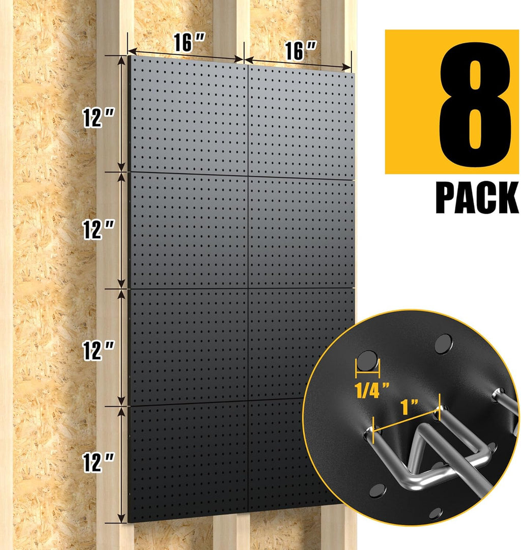 Spampur Metal Pegboard Panels - 8 Pack Heavy-Duty Wall Organizer with 50 Hooks | Black for Home & Garage
