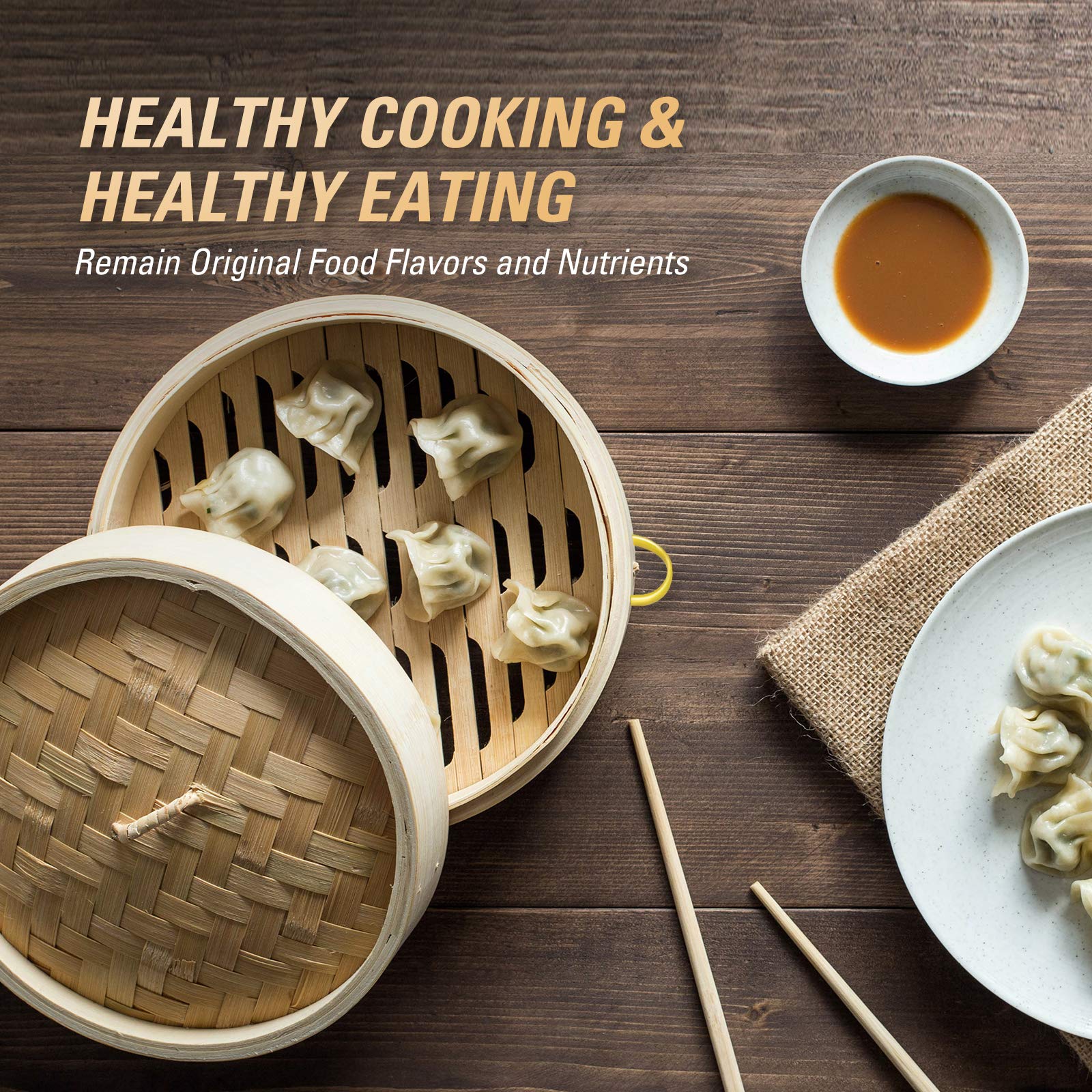MacaRio Bamboo Steamer Basket Set 10 inch Steamer for Cooking, with Side Handles, Ring Adapter, Paper Liners, for Dim Sum Dumplings Buns Seafoods Vegetables Rice Asian Foods