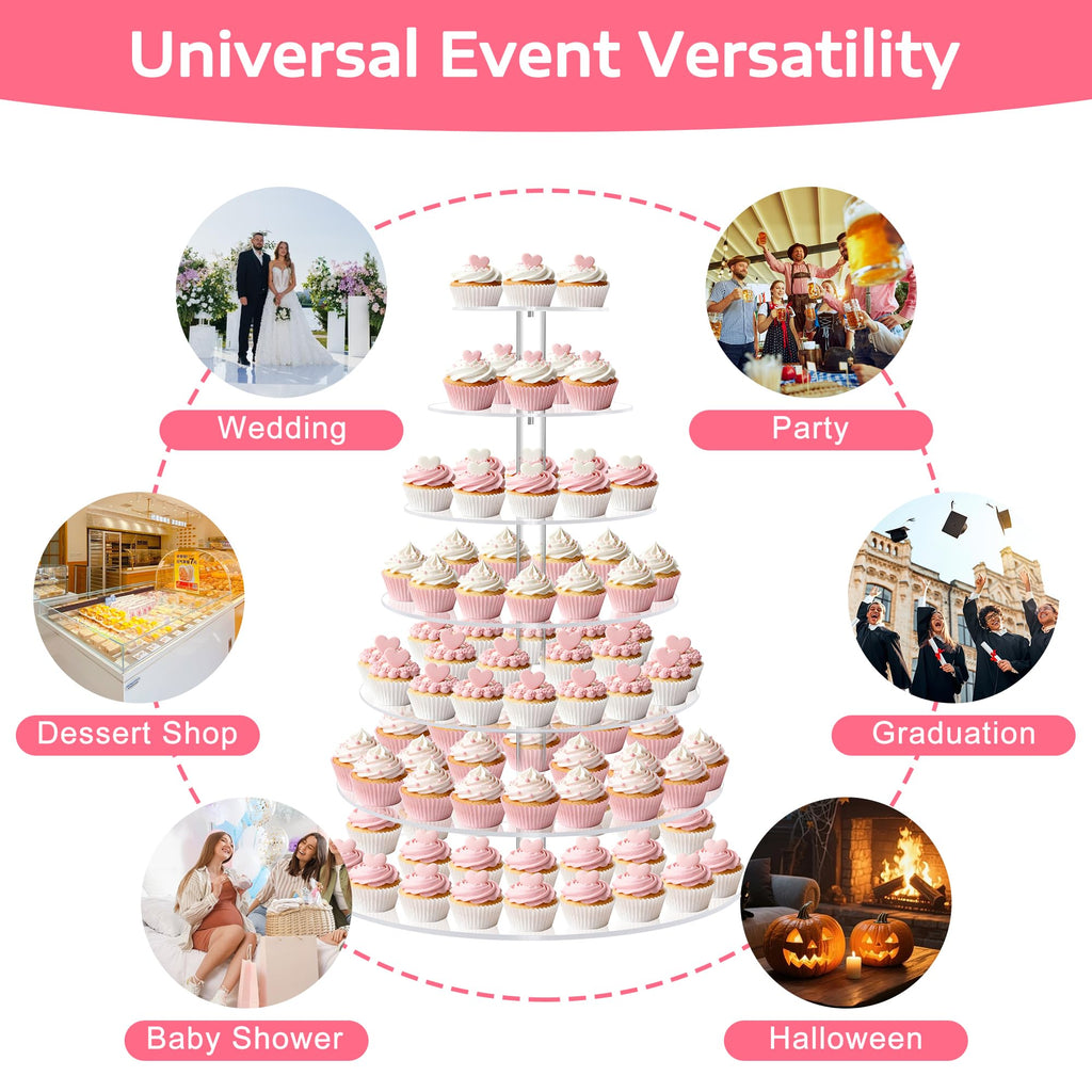 Large 7 Tier Cupcake Stand for 100 Cupcakes, Clear Round Cupcake Stands, Acrylic Wedding Cupcake Tower Stand, Cupcake Display Stand for Dessert Table, Cupcake Tier Stands